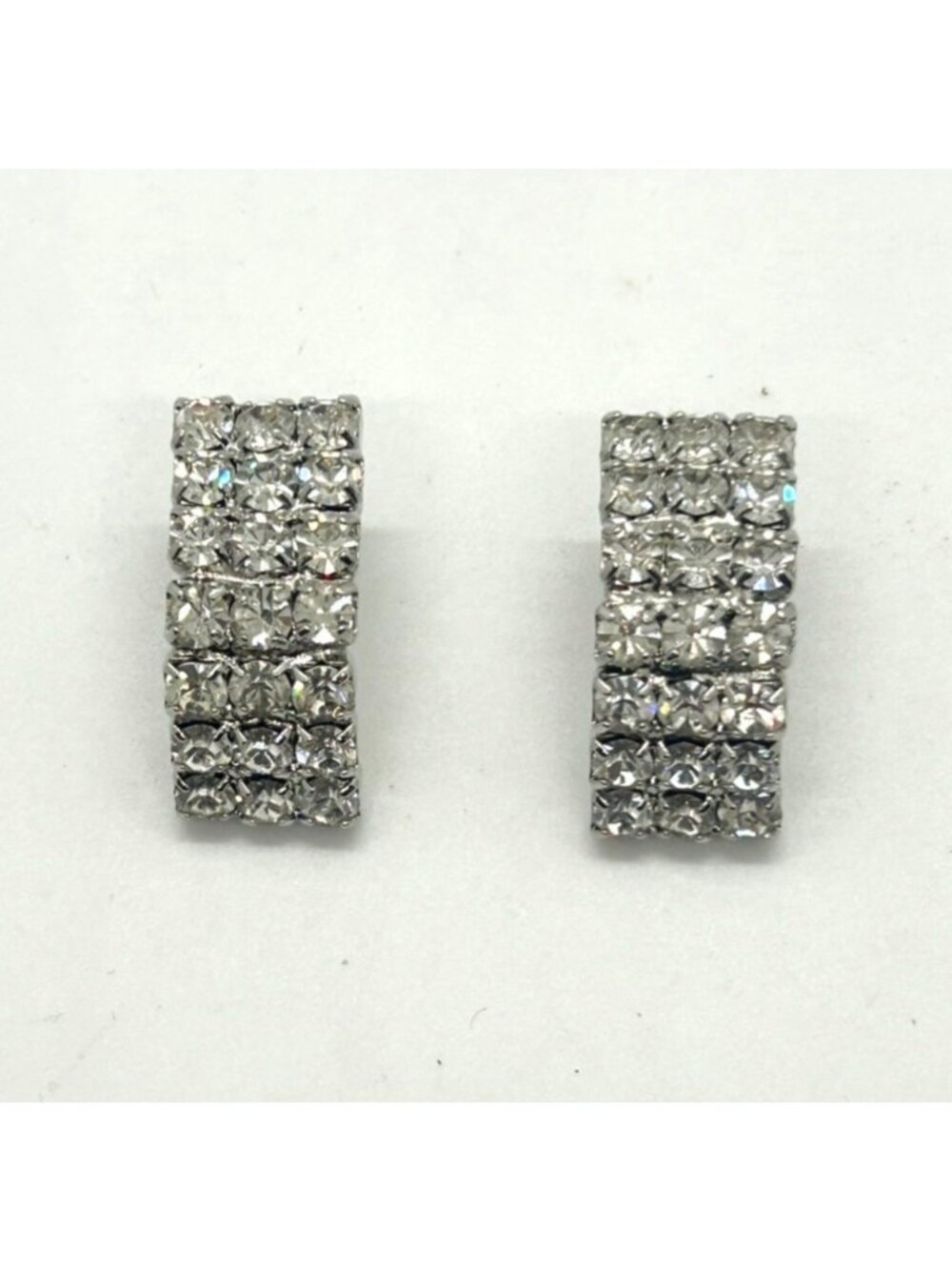 Clear Rhinestone Silver Tone 3 Row Rectangular Clip On Earrings Mid Century